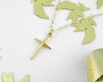 Gold Cross Necklace, Dainty Gold Necklace, Delicate Layering Necklace, Simple Charm, gold Cross Necklace Christian cross gift for women