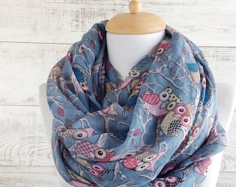 Owl Scarf Bird scarf infinity scarf spring summer scarf owl black scarf infinity scarf birds scarf cute scarf gift ideas mothers day gift