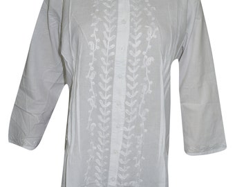 Cool White Womens White Tunic Top Full Sleeves Ethnic Cotton Floral Embroidered Blouse Shirt M
