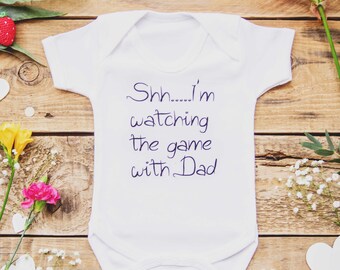 Shhh I'm Watching The Game With Dad- Baby Outfit- Baseball Baby - Baby Shower Gift Poppersuit OnePiece Funny Custom Clothes