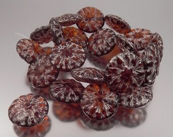 Amber & Mercury Finish Czech Glass Dahlia Flower Beads, 10 beads