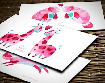 Valentine's Day Card Set, Watercolor Animal Love Notes, Set of 15 Notecards with Envelopes