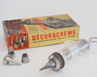 Cake decorating tools, Syringe pastry chef with nozzles and box, French vintage kitchen utensile, Decoracreme ROD.