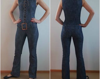 Vintage Blue Jumpsuit, Bodycon Jumpsuit, Sleeveless Jumpsuits, 1970s/1980s