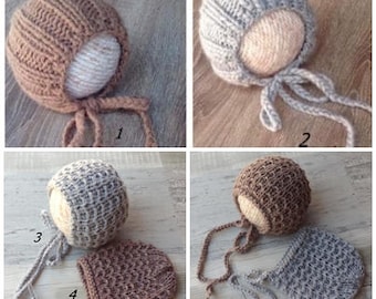 Knit Newborn bonnet,Brushed alpaca knit bonnet, Knit Wool newborn hat, Knit hat ,Photo prop ,Christening ,Photography prop, RTS