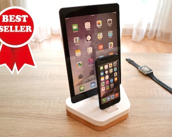 iphone and iPad docking station - charging station for ipad and iphone -apple wooden dock and organizer in white make a great gift for her