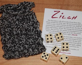 Zilch dice game with handknit bag