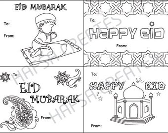 Happy Eid Mubarak Printable coloring cards, Digital File, Pdf - Perfect for Class Party!