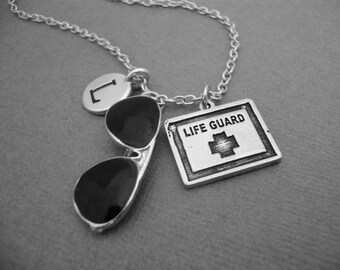 Lifeguard Necklace, Lifeguard Symbol and Black Aviator Sunglasses Keychain Keyring, Gift for Summer Lifeguard, Lifeguard Bangle Bracelet