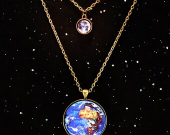 Astronomy Earth and Moon Planet Necklace Science Jewelry- Mothers Day Gift