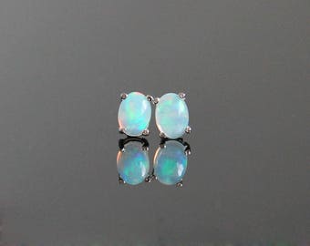 Ethiopian Opal Stud Earrings - Sterling Silver Opal Earrings, Oval Opal Earrings, Opal Studs, Opal Earrings Silver, October Birthstone