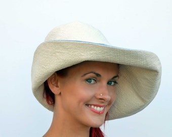 Cream cotton sun hat, wide brimmed summer hat, cream floppy hat, sky blue, women's hat, summer accessories, travel hat, boho, retro