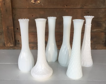 6 Vintage Milk Glass Bud Vases, (C), Instant Collection, Centerpiece, White, Wedding Decor, Cottage Chic, Rustic Decor, Home Decor