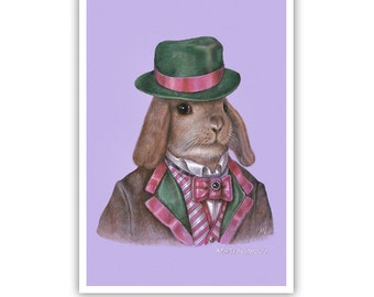 Rabbit Art Print - Dandy Rabbit - Cute Pet Rabbit Wall Art - Pets in Art - Whimsical Animal Portraits by Maria Pishvanova