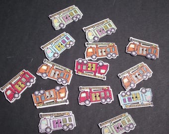 WOODEN FIRE TRUCK Buttons,Novelty Buttons,Sewing Notion,Sewing Supply,Scrapbook Supply,Craft Supply,Fire Engine,Hook n Ladder,Trucks