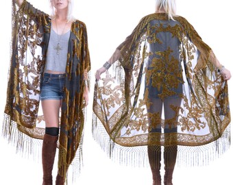 Sheer Silk Burnout Velvet Fringe Hippie Boho Gypsy MOSS Fall Kimono Jacket