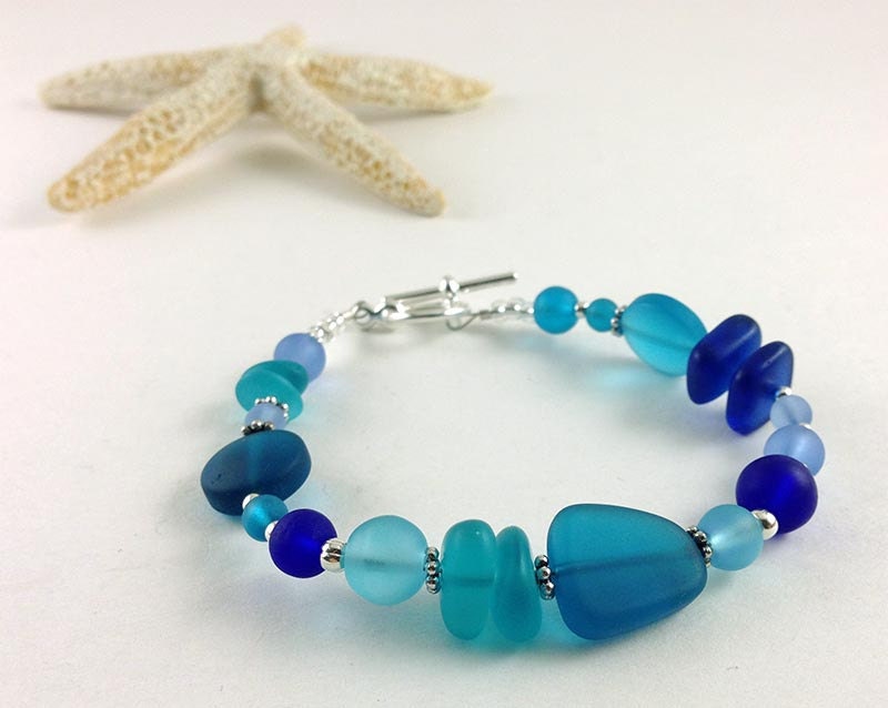 Blue sea glass bracelet sea glass jewelry handmade jewelry