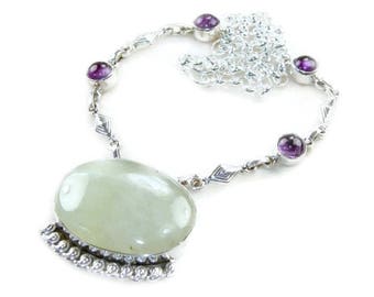 Green Serpentine and Purple Amethyst Necklace