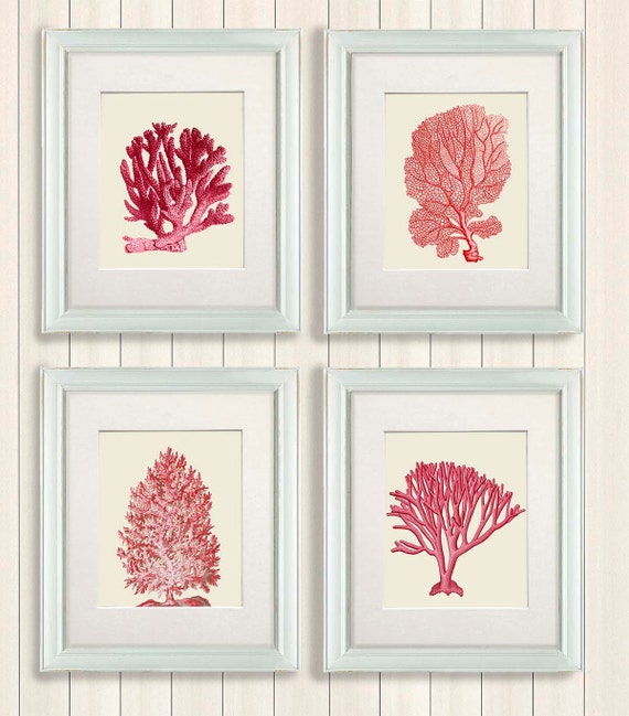 Coral print Set 4 Red Coral Art Prints Nautical Print coral