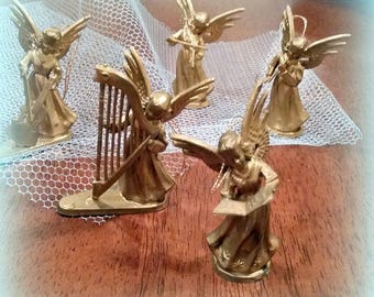 Vintage Angel Ornaments - Set of 5 Mid Century Gold Angels - Angel Orchestra - Hong Kong - So Sweet