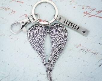 Angel Wing Key Chain, Angel Wing Blessed Heart KeyChain, Angel Wing Key Fob, Angel Key Ring, Double Angel Wings, Hand Stamped Personalized