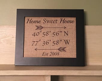 Latitude Longitude sign, Latitude Longitude burlap print, home sweet home sign, personalized housewarming gift, new home burlap print
