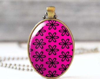 Fuchsia necklace, Floral pendant necklace with flower picture charm, Glass dome oval photo necklace, Jewelry for women, Gift for her, 5004-1