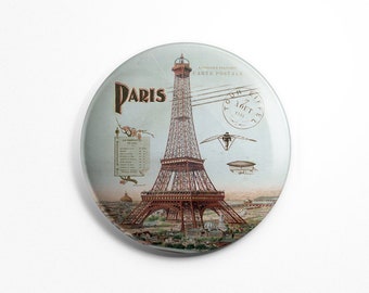 Button Magnet Paris Vintage - Paris Souvenir Eiffel Tower 1900 Old Postcard Fridge Round Magnet 56mm diameter Kitchen Decoration