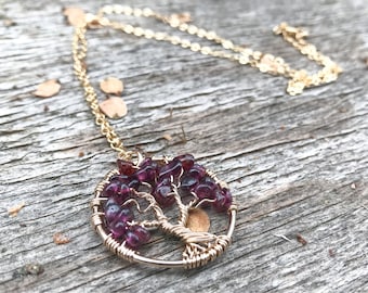 Garnet Tree of Life Pendant Necklace