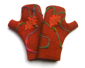 Mittens rust color, boiled wool fingerless gloves, women gloves, autumn's leave