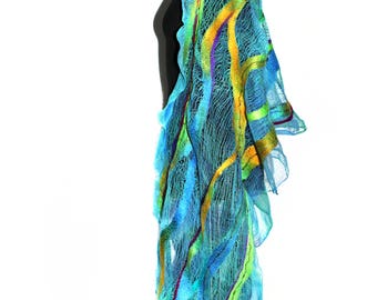 Handmade Nuno Felted Scarf Wrap Pareo Long Felted Shawl OOAK Felt Gift Multicolor Summer Fashion