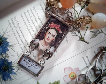 Wings to fly. Altered art Frida Kahlo soldered pendant necklace.
