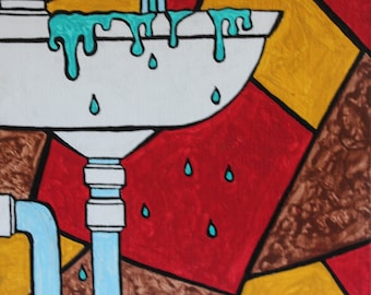 Original 8x10 Acrylic Pop Art Painting of an Overflowing Sink