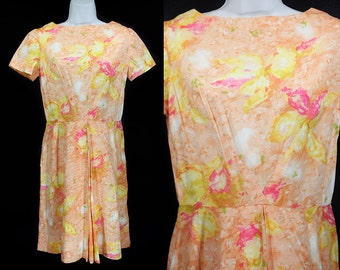 Vintage 50's Pastel Orange & Pink Floral Dress M