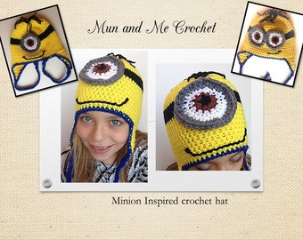 Minion Inspired Crochet hat, Minion earflap crochet hats, costume for kids, Halloween hats, children costumes, gift for children