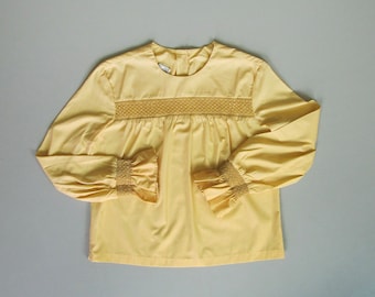 Vintage 1960s Smocked Blouse. 60s Yellow Cotton Blouse. 60s Jo Matthews Long Sleeve Blouse. Large XL