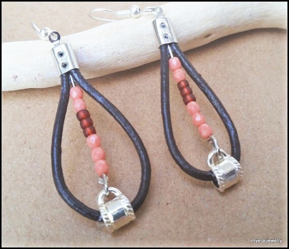 Leather Teardrop Earrings, Leather Hoop Earrings, Large Dangle Earrings, Fall colors Earrings, Peach Earrings, Womens Ball Earrings
