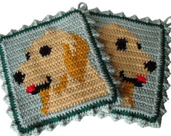 Golden Retriever Pot Holders. Thick animal crochet hot pad or potholder set. Dog lover gift