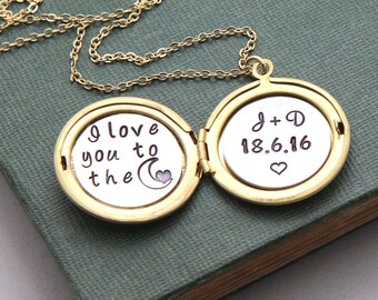 Personalized Necklace, Locket Necklace, Initial Locket, Personalized Gift, Date necklace, I love you to the moon, Personalized wedding