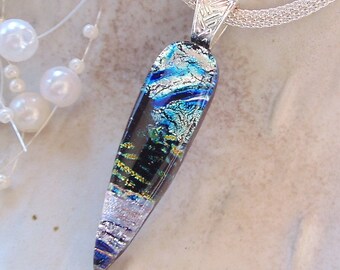 Dichroic Glass Pendant, Fused Glass Jewelry, Necklace Included, Silver, Blue, Green, One of a Kind, A12