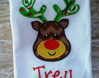 Boys Christmas shirt-Reindeer shirt-personalized-red and green-Santa pictures-embroidered-