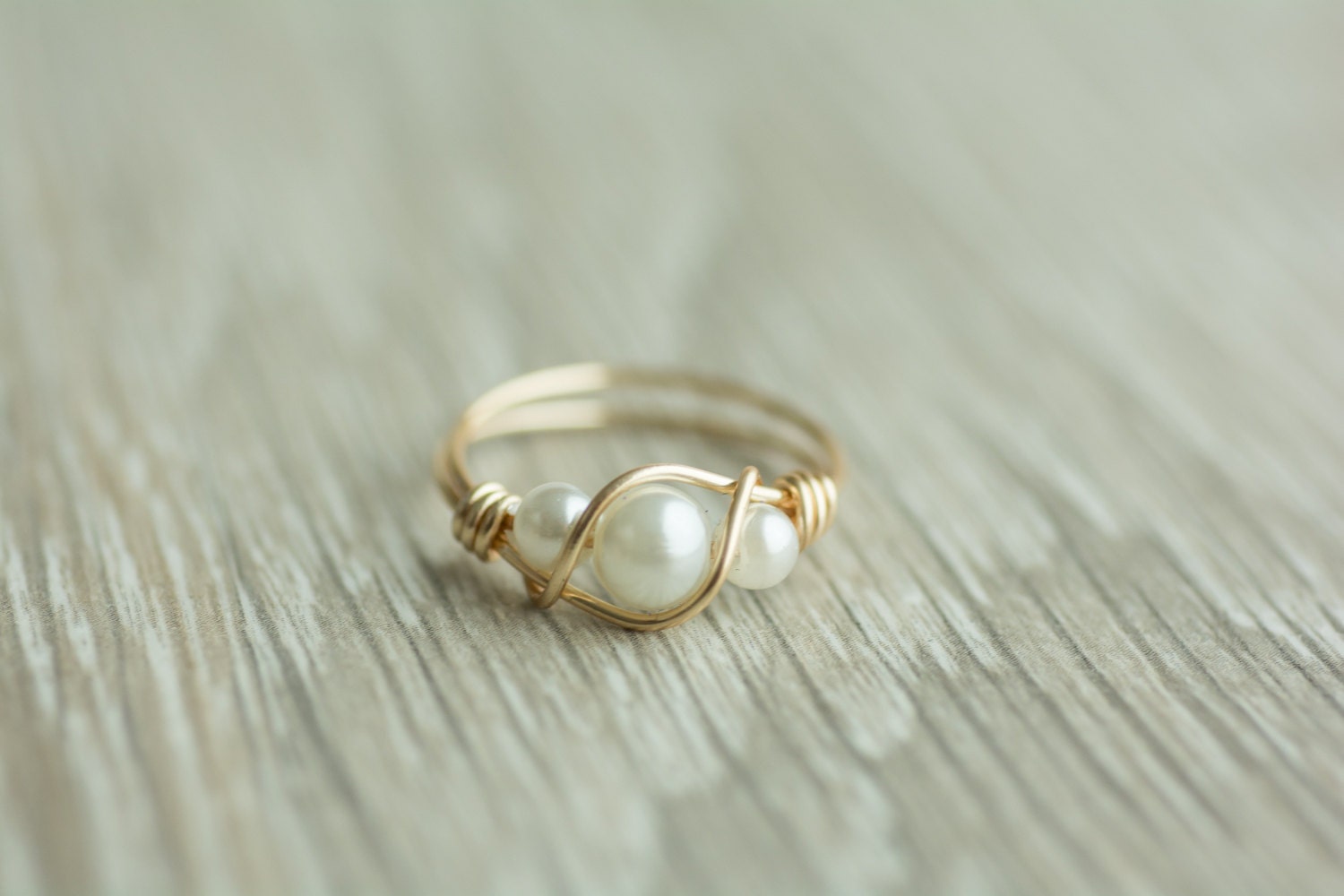 Handmade 3 pearls ring gold or silver wrapped wire ring 14k
