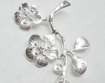 2 Pcs - Silver Plated Cherry Blossom Branch Pendant .