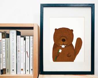 PRINT of original art - Beaver - handpainted animal character - thoothbrush - kids print - nursery print - print of a gouache painting