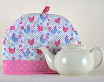 Large Tea Cosy Cozy. Brand New Made in England. Pink & Blue Happy Hens Design Fabric