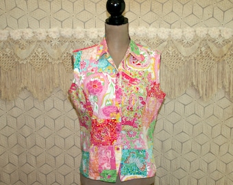 90s Womens Sleeveless Shirt Button Up Blouse Summer Top Cotton Colorful Tropical Print Key West Fabric Vintage Clothing Womens Clothing