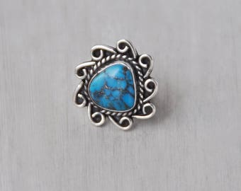 Vintage Sterling Silver Turquoise Ring - triangular stone with scroll border - Southwestern statement ring - Size 6