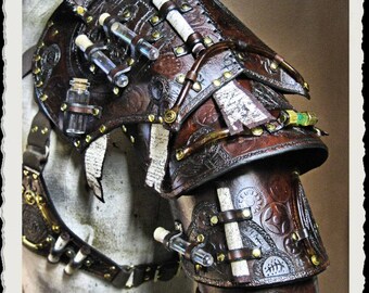 Brown leather shoulder armor - Steampunk Alchemist -