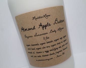 FREE SHIPPING/SPF/Vegan/Organic Almond Apple Butter Organic Sunscreen Body Lotion- with Organic Chamomile, Lavender & more- 8oz.