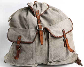 Vintage Distressed Washed Out Gray Broken White Canvas Military Backpack , Medium Backpack Leather Straps, Hiking Military Haversack